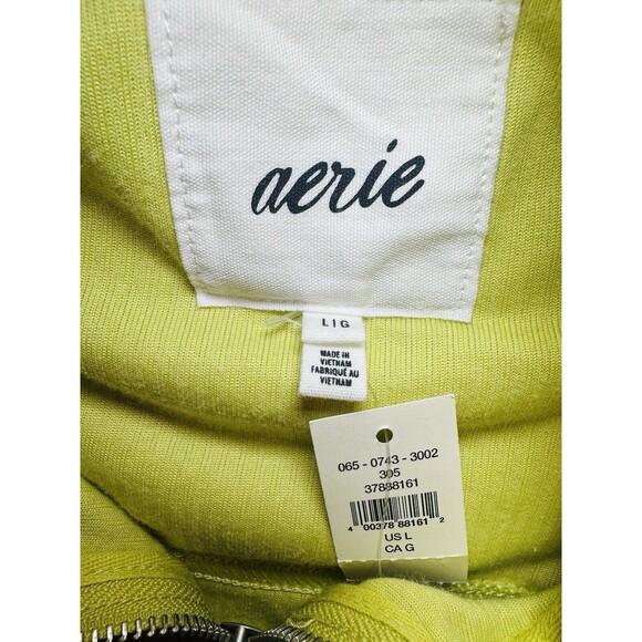 AERIE Ribbed Velour Zip Up Long Sleeve Lime Green Crop Sweater LARGE NWT - Picture 8 of 11